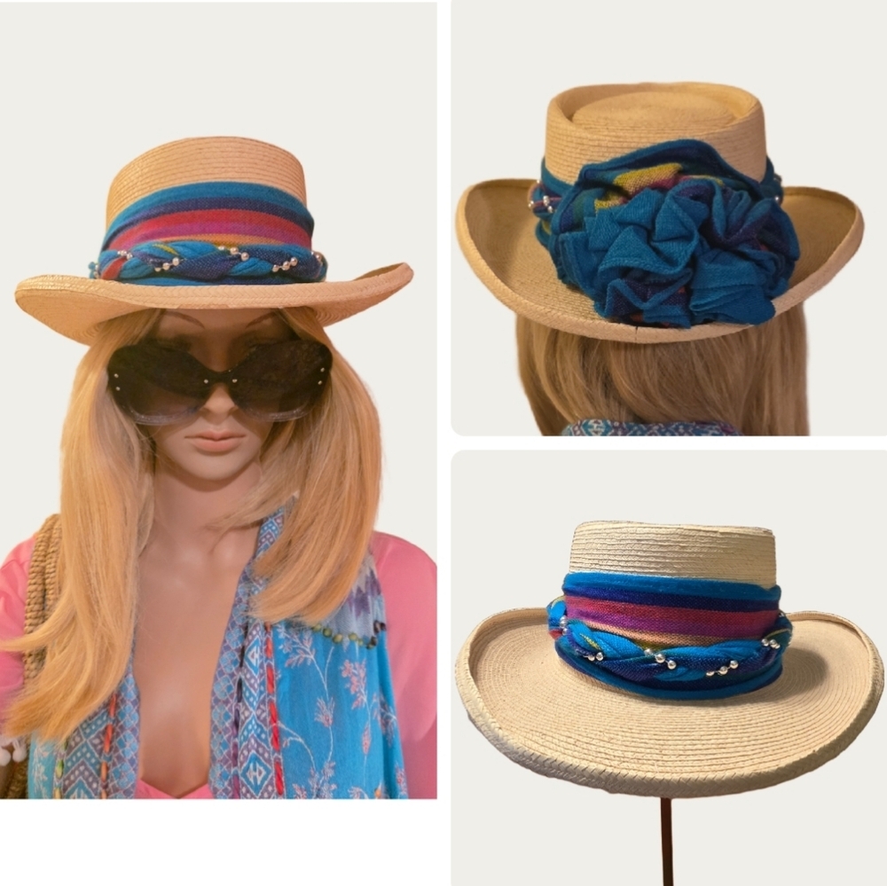 Vintage Boho Resort LA GIRALDA Palm Leaves Hat Made In Guatemala